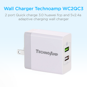 TechnoAmp WC2QC3  2 port Quick charge 3.0huawei fcp and 5v2.4a adaptive charging wall charger