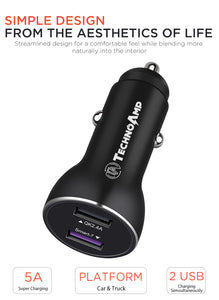 Technoamp 5A Super Charge/Quick Charge3.0 Car charger dual port 4.5V5A 5V2.4A