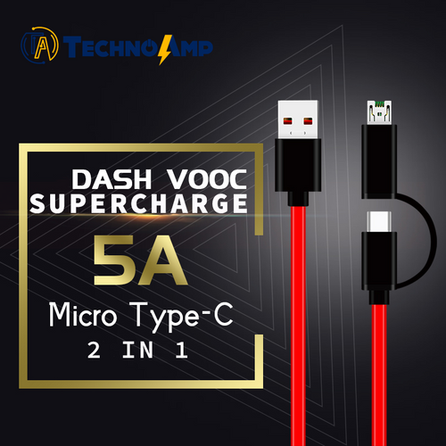 Technoamp 2 In 1 Micro Type C VOOC DASH, Huawei Super Charge, Quick Charge 3.0 Compatible Cable 25cm