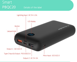 Technoamp 20000mAh PDQC20 PowerBank Quick Charge 3.0 USB C PD 3.0 18w Power Delivery power bank