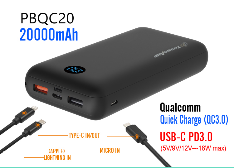 Technoamp 20000mAh PDQC20 PowerBank Quick Charge USB C PD